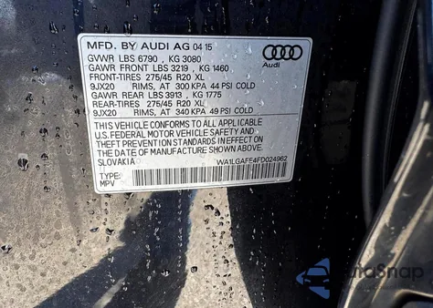 2015 Audi Q7 Premium Plus из США, поврежденный, VIN WA1LGAFE4FD024962